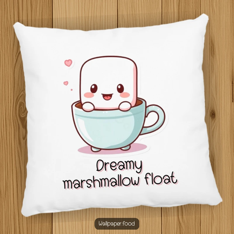 Funny pillow featuring a cute and fluffy marshmallow character bouncing in a cocoa cup, offering comfort and sweet humor.
