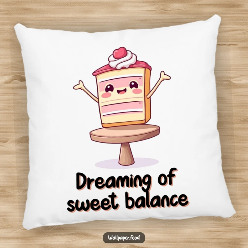 Funny Pillow: A smiling cake slice performing a charmingly difficult balancing act, a plush and funny gift.