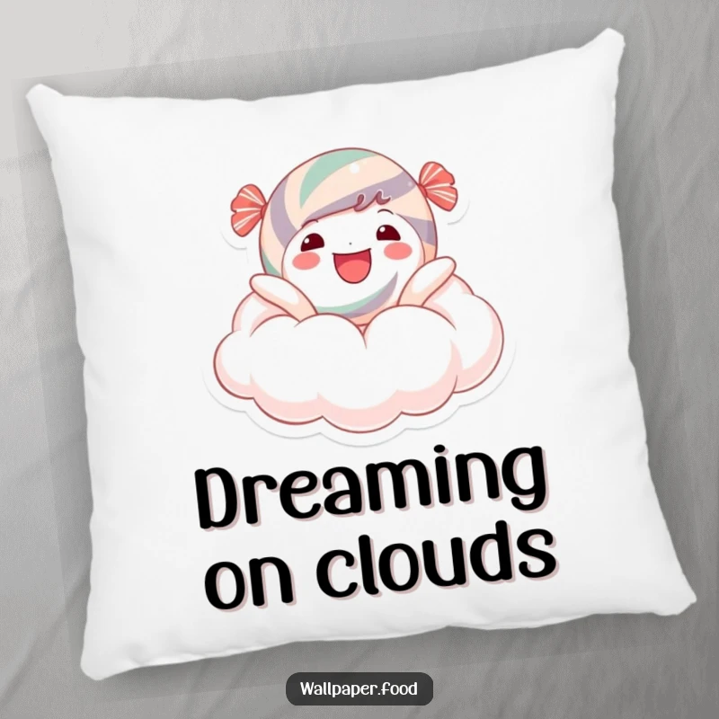 Funny Pillow: A joyful candy character floating on a sugary cloud, bringing funny comfort and a touch of sweet charm to any cozy space.