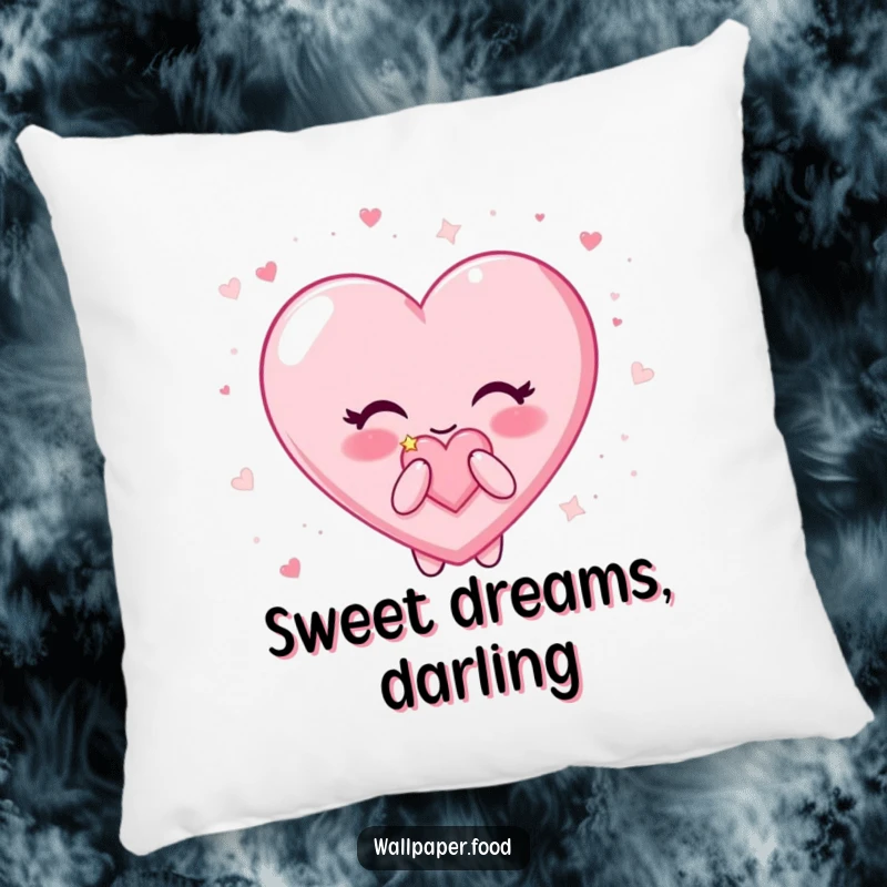 Funny Candy Heart Pillow: Happy character happily blowing surrounded by glitter, a soft and humorous decorative accent.