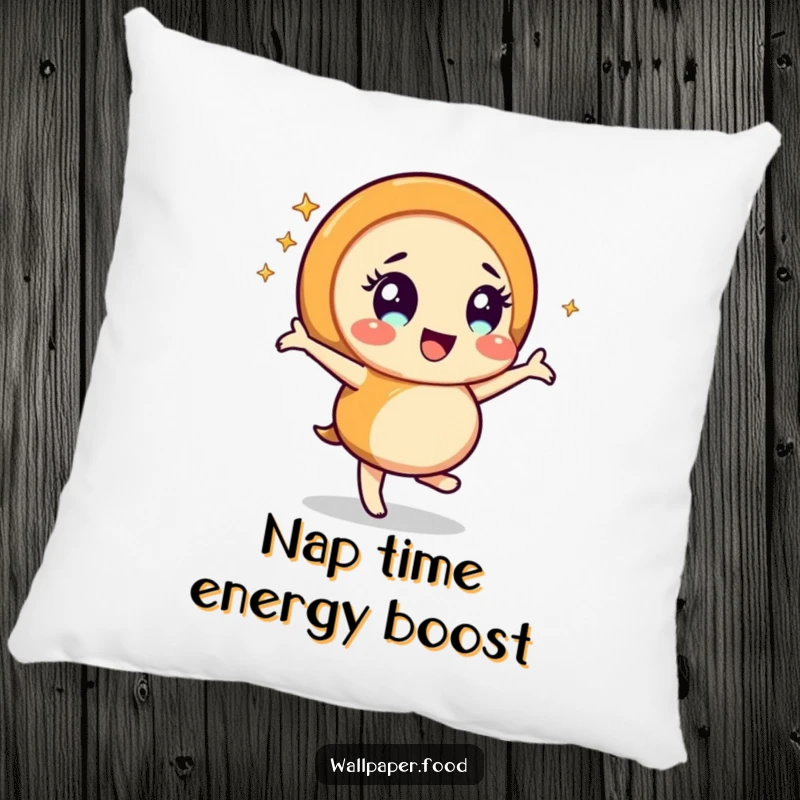 Funny caramel swirl character adorably dancing amidst shimmering sparkles, featured on a soft pillow for a touch of playful comfort and humor.