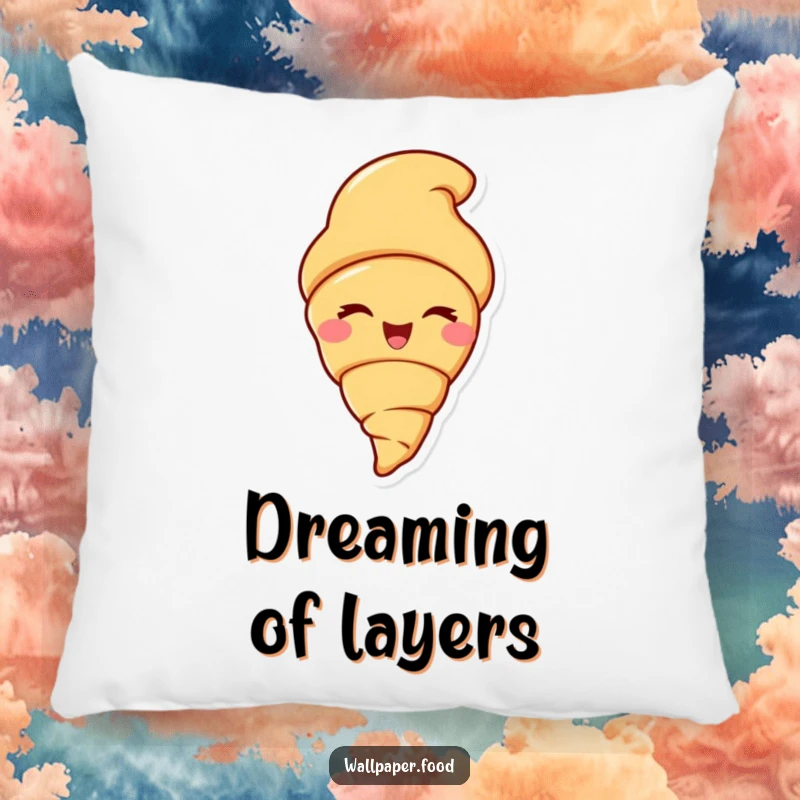 Funny pillow featuring a grinning croissant character giving a dramatic wink, designed for comfortable lounging and humorous decor.