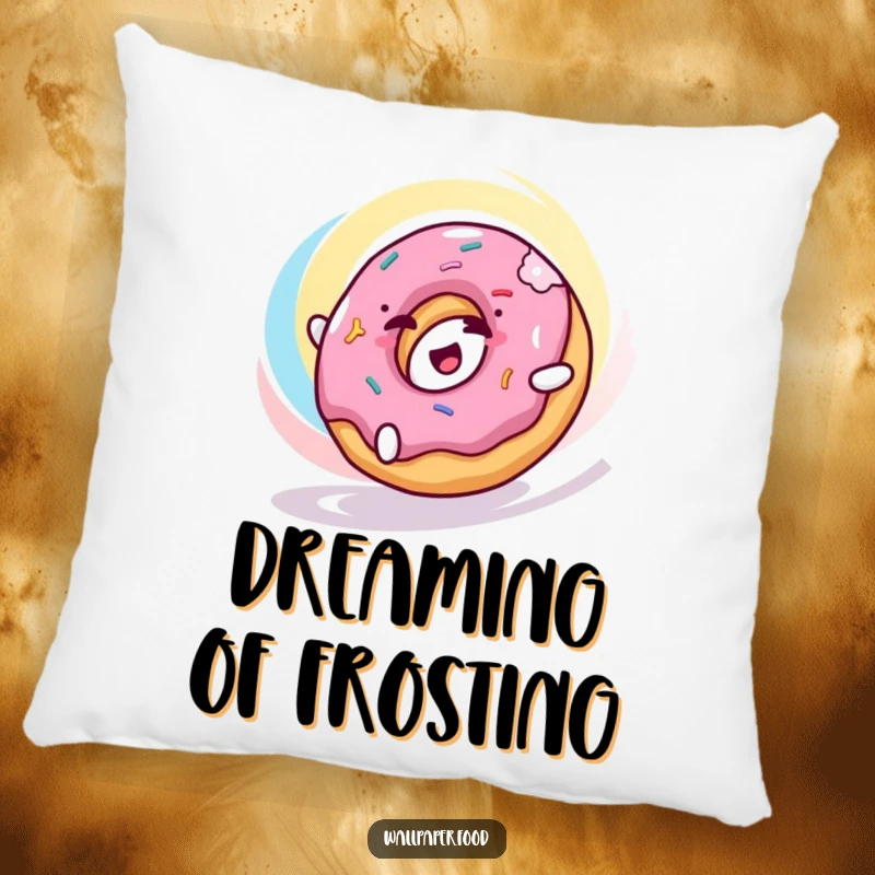 Funny donut pillow featuring a happy donut character rolling joyfully through a colorful swirl, offering plush comfort.