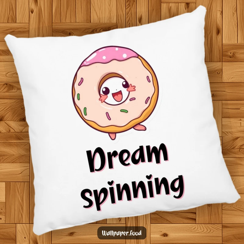 Funny decorative pillow featuring a doughnut character doing a happy spin, ideal for adding comfort and charm.