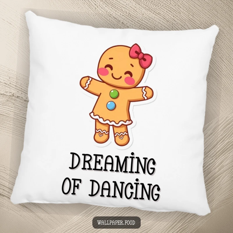 Funny pillow featuring a gingerbread person with candy buttons dancing happily, adding a touch of warmth and humor to any space.