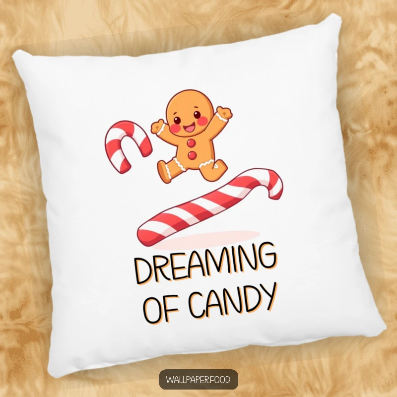 A soft pillow featuring a joyful gingerbread man leaping over candy cane stripes, offering festive comfort and funny charm.