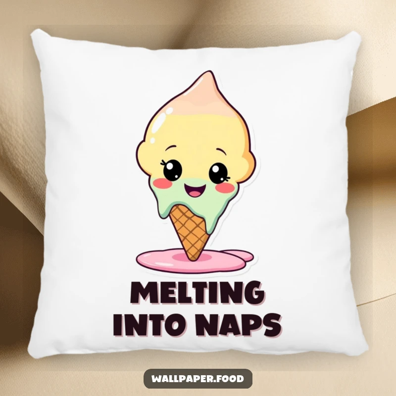 Funny pillow featuring a cute ice cream cone character happily melting, offering comfort and a sweet, humorous appeal.
