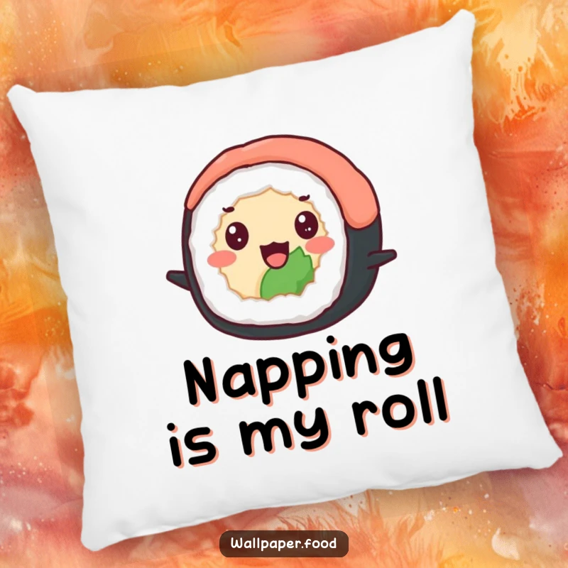 Funny pillow with a delighted sushi roll with beady eyes happily bouncing, offering comfort and a dose of Japanese food fun. A funny gift.