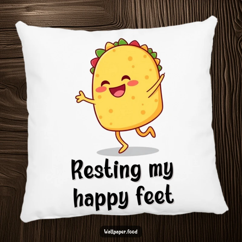 Funny pillow with a smiling taco with legs doing a joyful jig, offering comfort and a dose of fiesta fun. A funny gift.