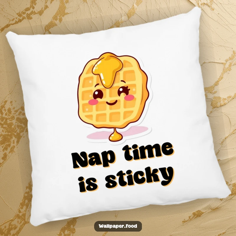 Funny pillow showcasing a smiling waffle character with syrup cascading down, offering comfort and a dose of delicious humor.