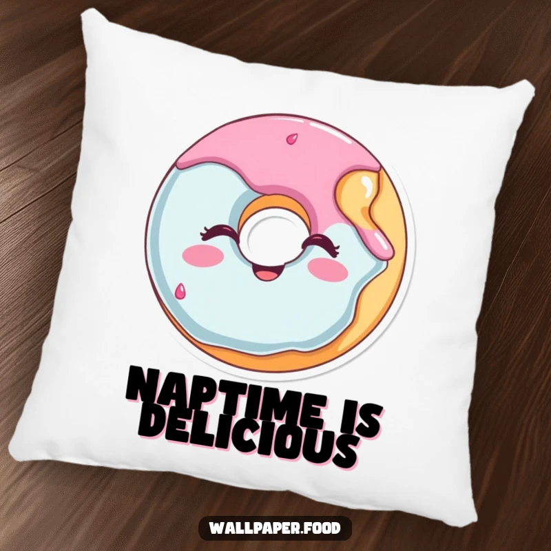 Funny donut pillow with a smiling, winking face and a bite removed, providing a soft and humorous decorative element.