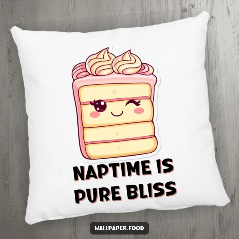 Funny pillow featuring a cheerful cake slice character with elegant frosting swirls, offering comfort and a heartwarming smile, a cozy addition.