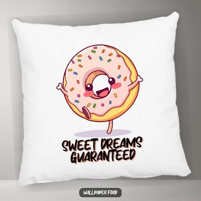 Funny donut pillow character with sprinkles in a delightful cartwheel, soft and huggable. A cheerful addition to any room.