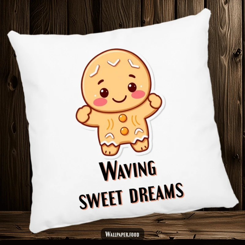 A plush, funny gingerbread cookie character giving a warm wave, perfect for cozying up on this soft decorative pillow.