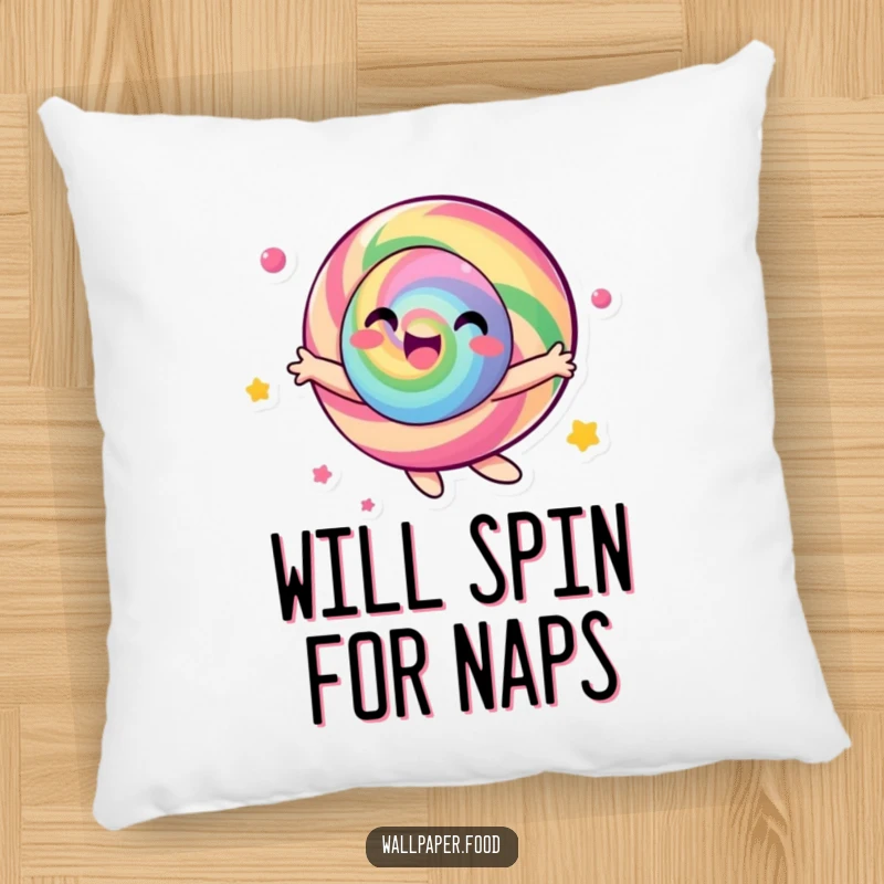 Funny candy character pillow, depicted in a joyful, colorful spin, adding a touch of playful comfort to any room.
