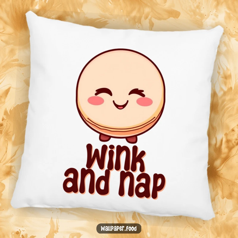 Funny pillow featuring a cute macaron character smiling and winking, offering comfort and a sweet, humorous appeal.