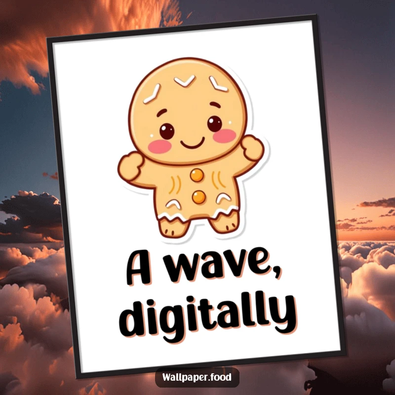 Funny gingerbread cookie character waving enthusiastically, beautifully rendered as a digital art print for immediate festive joy.