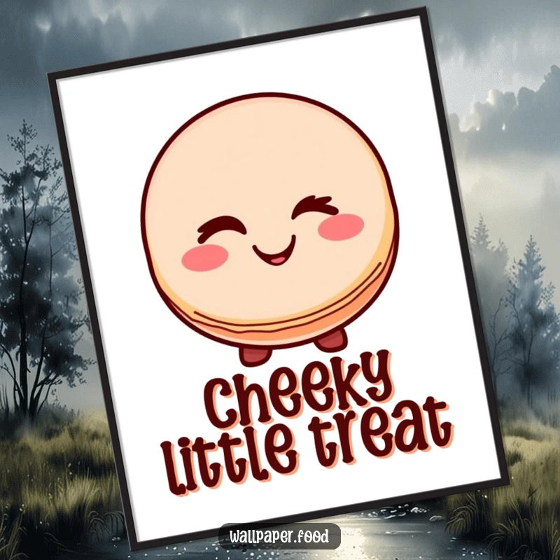 Funny digital art print of a macaron character smiling and winking, ready to be printed and add instant sweet humor.