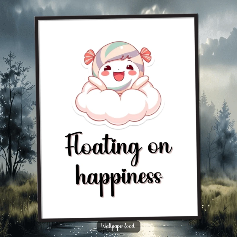 Funny Digital Art Print: A candy character blissfully floating on a sugary cloud, perfect for bringing instant sweet charm and humor to any room.
