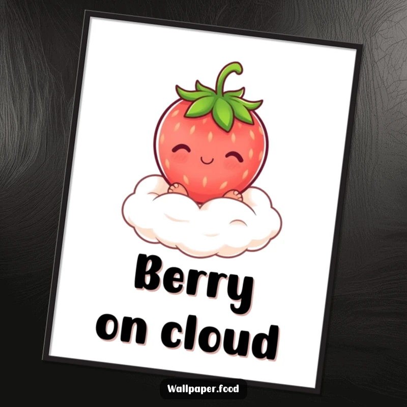 Funny blushing strawberry character on a cream cloud, available as an instant digital art print for sweet decor.
