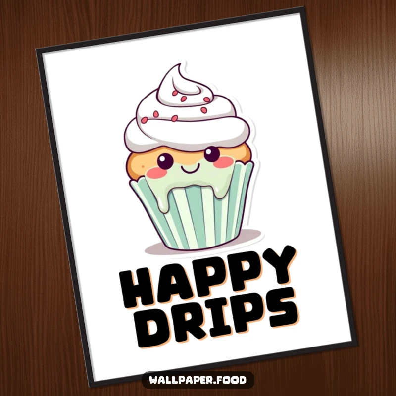 Funny digital art of a smiling cupcake character with frosting happily dripping down its sides, looking joyful.