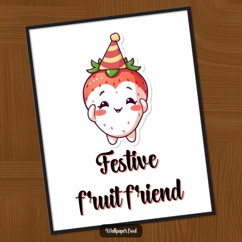 Funny Curious Strawberry Digital Art Print, a cute character with a party hat, ready for instant festive fun.