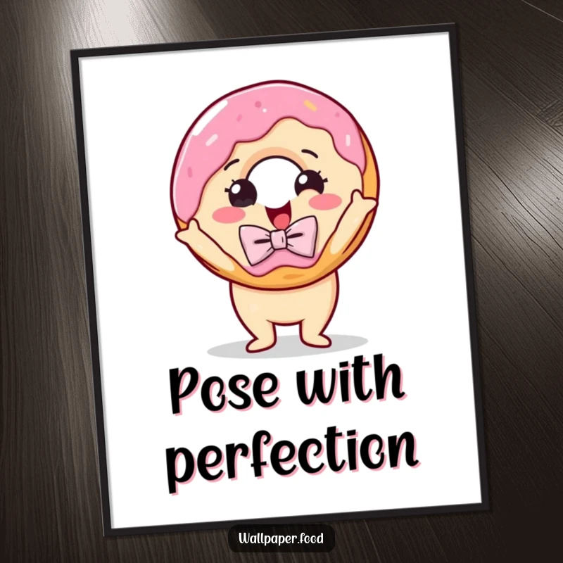 Funny digital art print of a delighted donut wearing a bow tie, striking a dramatic pose, adding a touch of sweet theatricality.