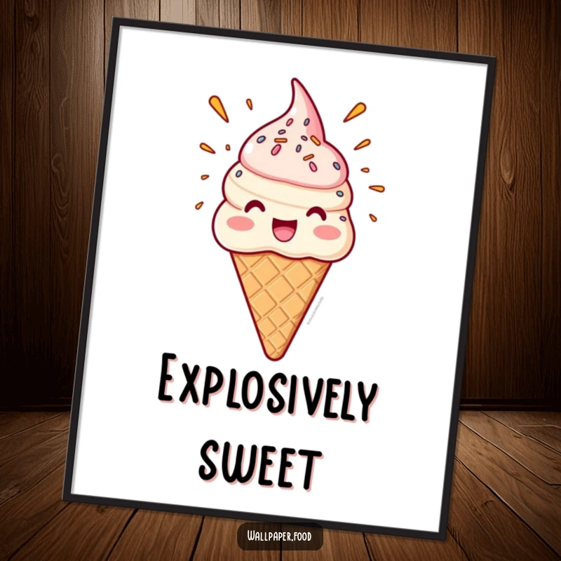 Funny digital art print of a delighted ice cream cone character with a sprinkle eruption, adding a burst of sweet fun.