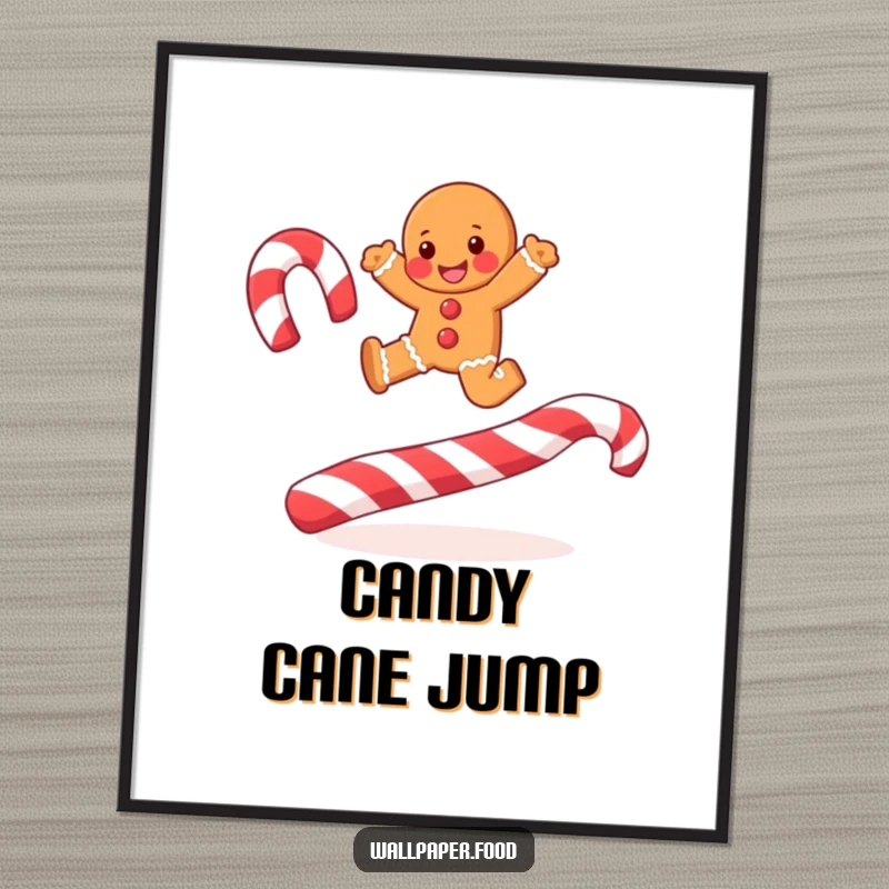 Funny joyful gingerbread man leaping over candy cane stripes, available as an instant digital art print for festive decor.