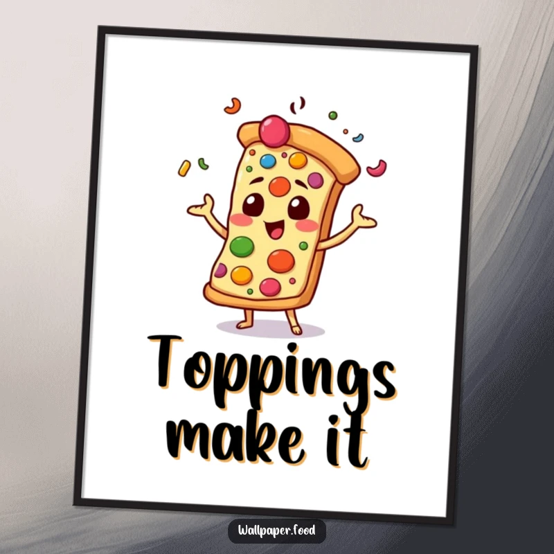 Funny digital art print of a pizza slice character gleefully juggling colorful toppings, perfect for adding a touch of fun to any display.