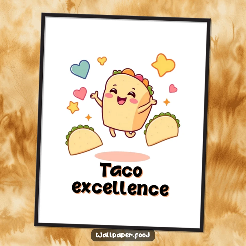 Funny taco digital art print of a smiling taco character dancing joyfully through floating taco shapes, capturing festive cheer.