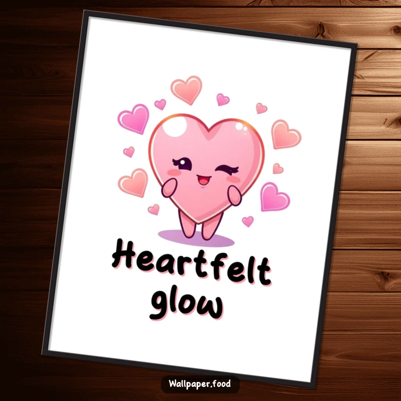 Funny digital art print of a cute candy heart character winking, surrounded by glowing candy shapes, full of charm.