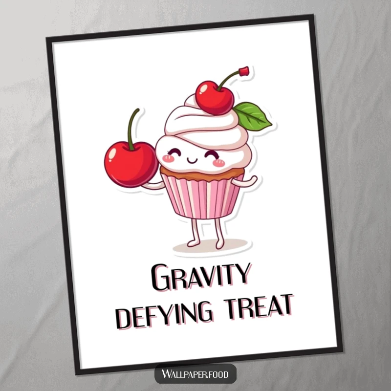 Funny digital art print of a smiling cupcake character in a precarious but cheerful balance with a giant cherry.