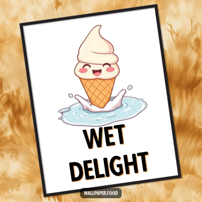 Funny ice cream cone digital art print depicting a joyous puddle splash, embodying carefree fun and sweet delight.