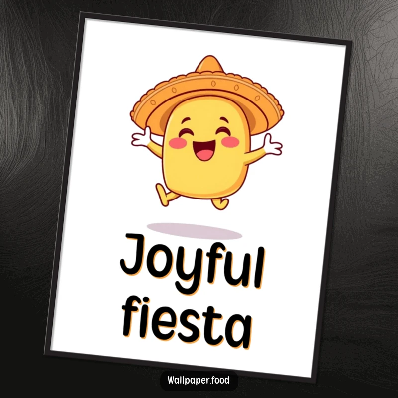 Funny taco digital art print character wearing a sombrero, leaping joyfully, capturing pure fiesta excitement.