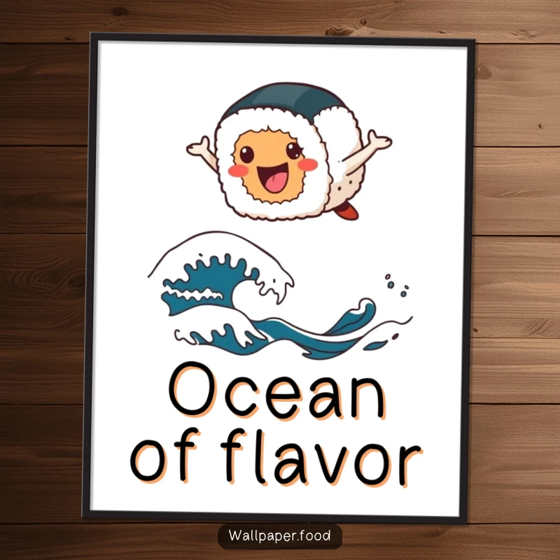 Funny sushi digital art print of a cheerful sushi roll character leaping joyfully over stylized wave patterns, evoking fun.