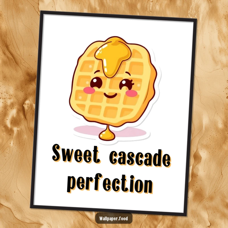Funny digital art print of a smiling waffle character with a delightful cascade of syrup flowing down its sides.