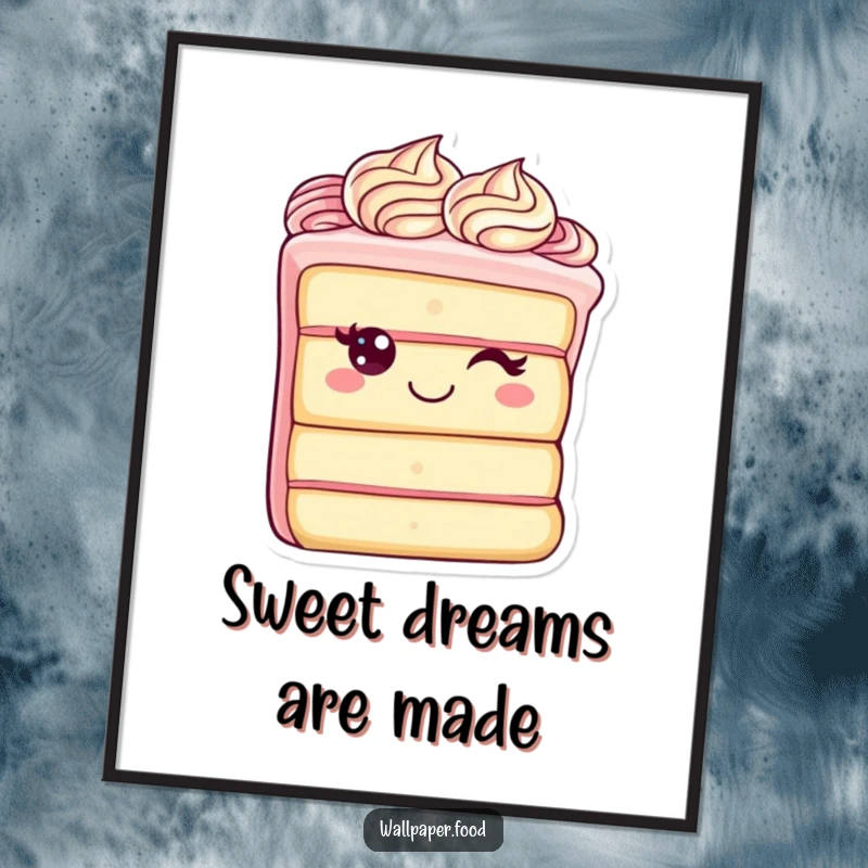 Funny digital art print of a cheerful cake slice character with elegant frosting swirls, bringing joy and sweetness to any digital display.