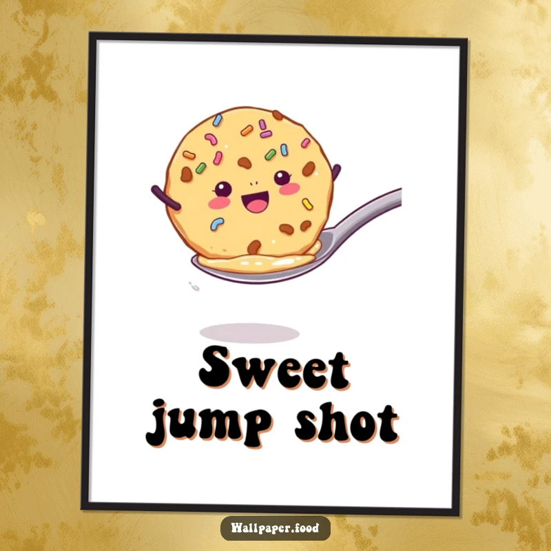 Funny digital art print of a cookie with sprinkles enthusiastically jumping from a spoon, bringing instant baking joy and humor. Funny gift.