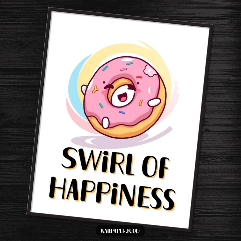 Funny donut digital art print of a happy donut character rolling with delight through a colorful swirl, evoking pure happiness.