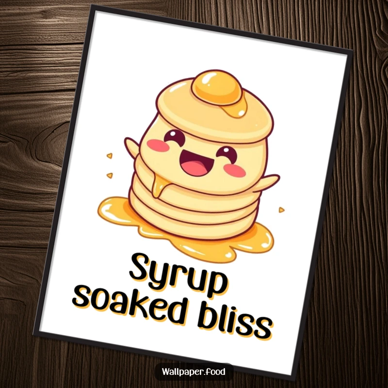 Funny Digital Art Print: A pancake character happily sloshing in syrup, perfect for bringing instant breakfast charm and humor to any room.