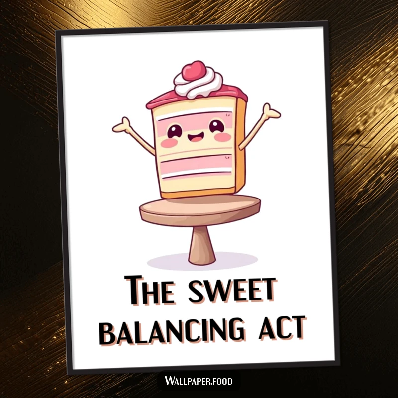 Funny Digital Art Print: A jubilant cake slice in a dynamic balancing pose, bringing humor and sweetness to any display.