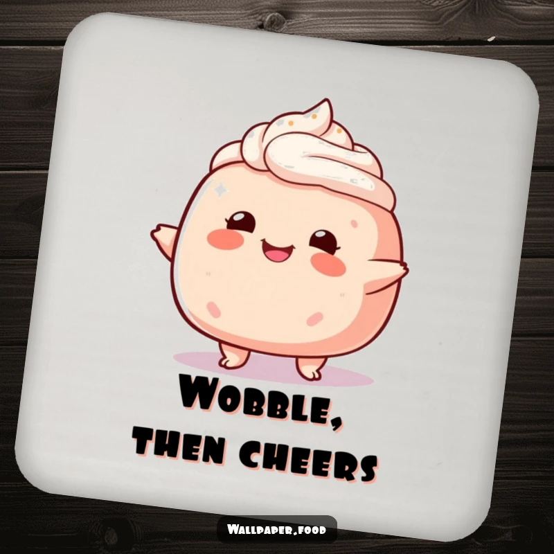 Funny plump cake character drink coaster, captured mid-wobble, offering sweet protection for surfaces.