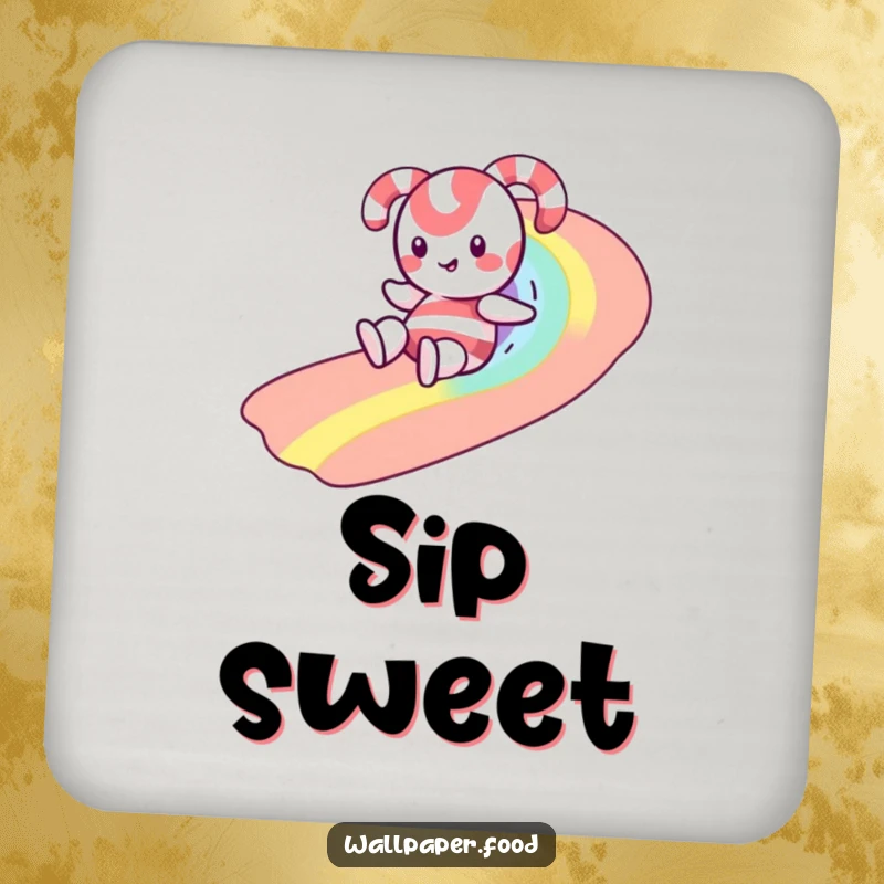 Funny drink coaster featuring a happy candy cane character sliding down a vibrant rainbow made of colorful, tiny sprinkles.