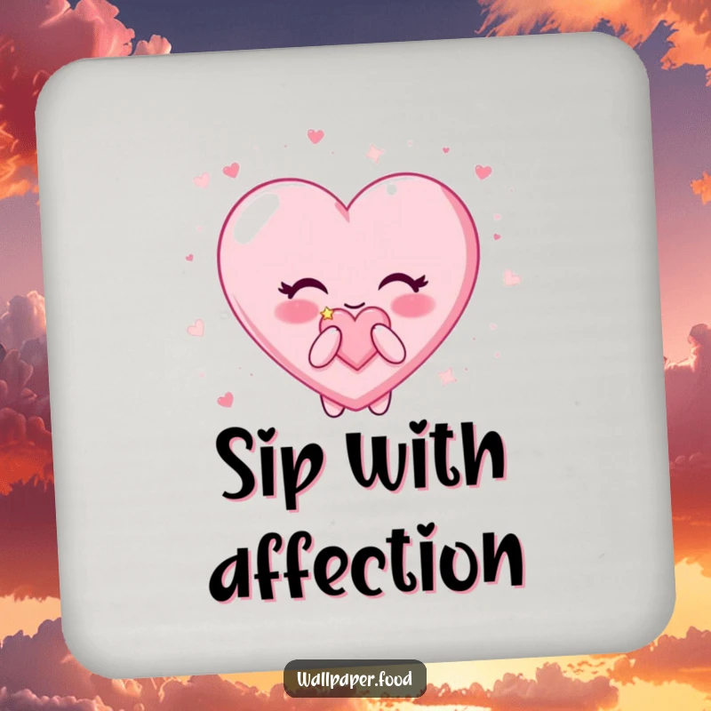 Funny Candy Heart Coaster: Happy character happily blowing surrounded by glitter, protecting surfaces with humor.