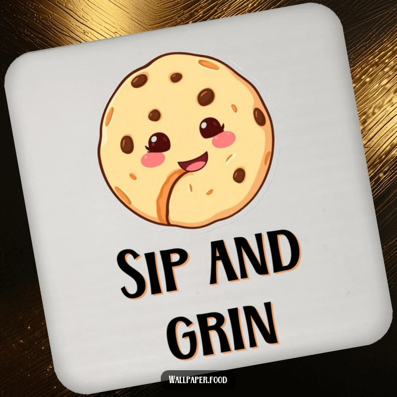 Funny drink coaster featuring a happy cookie character with a bite taken out and a sweet grin, adding fun to any table.