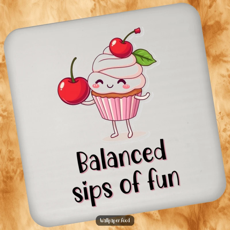 Funny drink coaster featuring a smiling cupcake character balancing a large cherry, adding humor to your beverage setup.