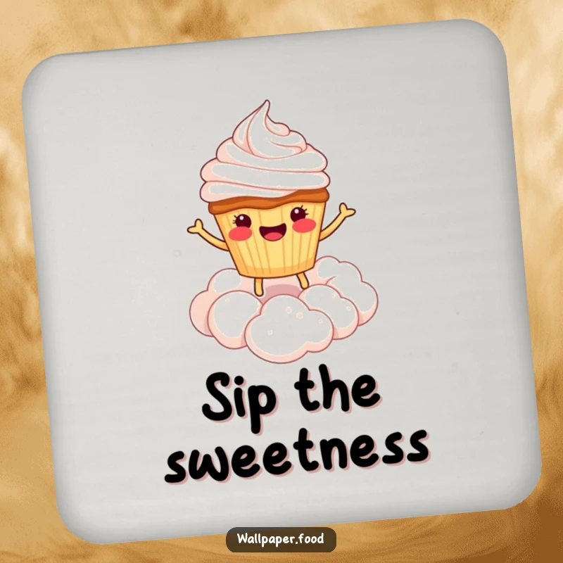 Funny drink coaster featuring a smiling cupcake character bouncing on a whipped cream cloud, adding a humorous and protective touch.