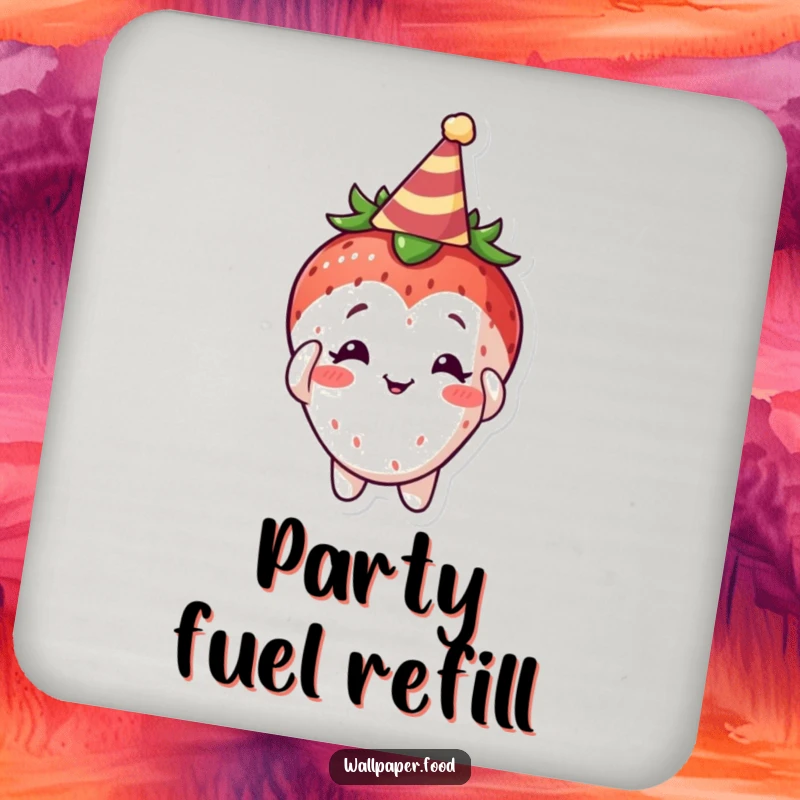 Funny Curious Strawberry Coaster, a charming fruit character adjusting a tiny party hat, bringing festive smiles.