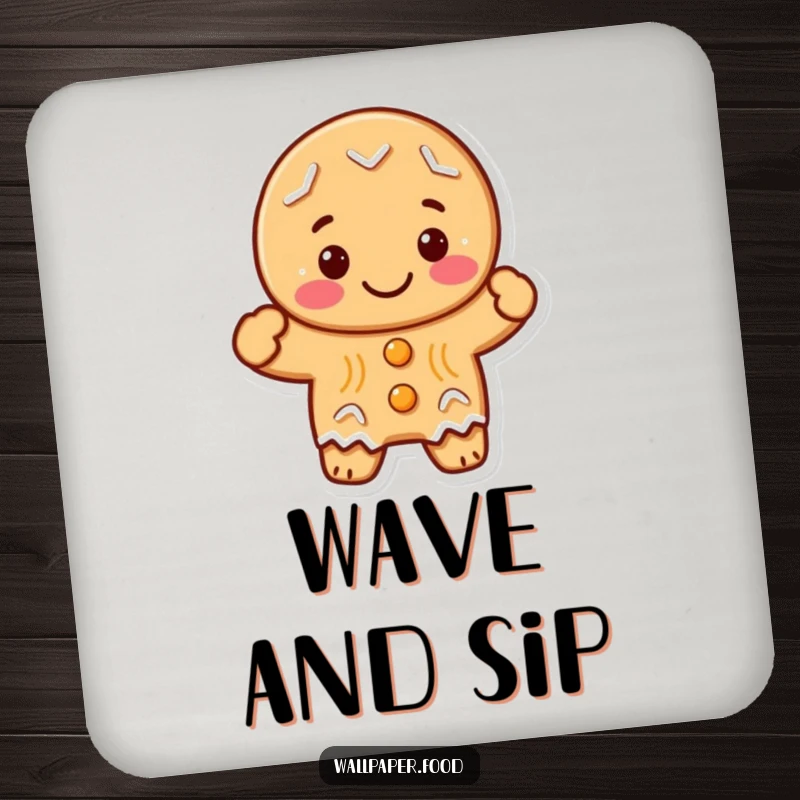 Funny gingerbread cookie character waving hello, printed on protective drink coasters for a touch of festive fun.